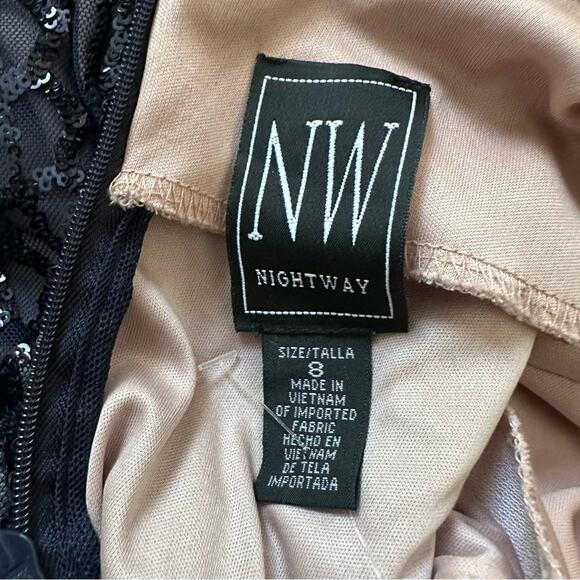 Nightway Gown Dress Navy Blue Mesh Sequins Halter Criss Criss Back Sheath Size 8 - Picture 2 of 16